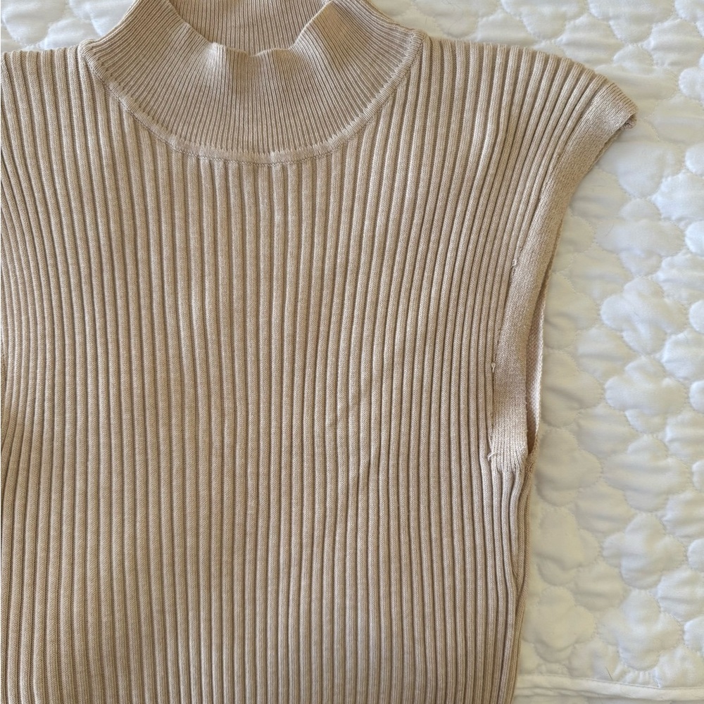 Tan Ribbed Sheath Dress Mock Neck - Picture 3 of 9